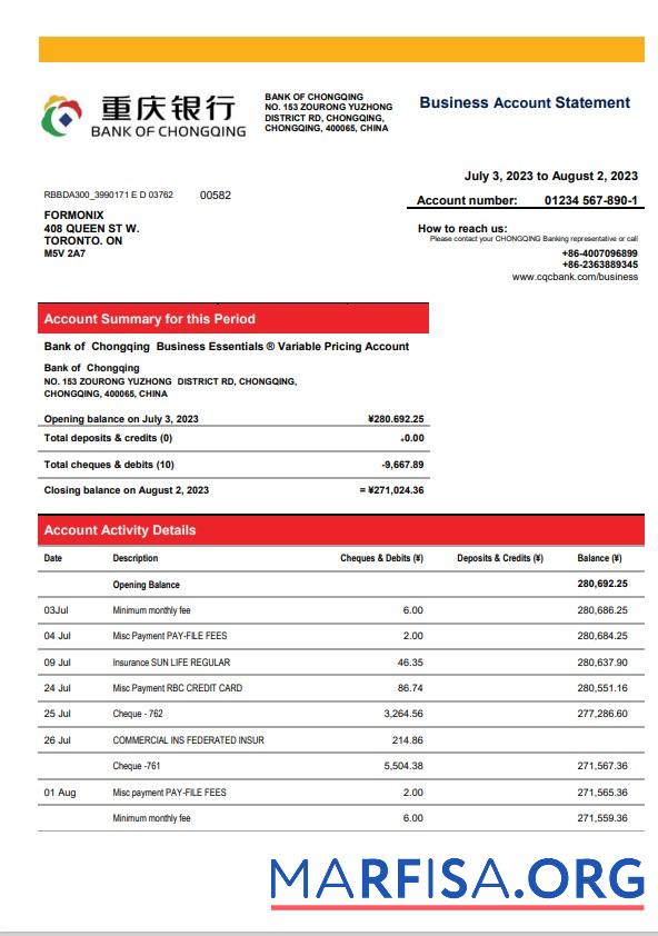 Realistic Bank of Chongqing enterprise statement Word and PDF template